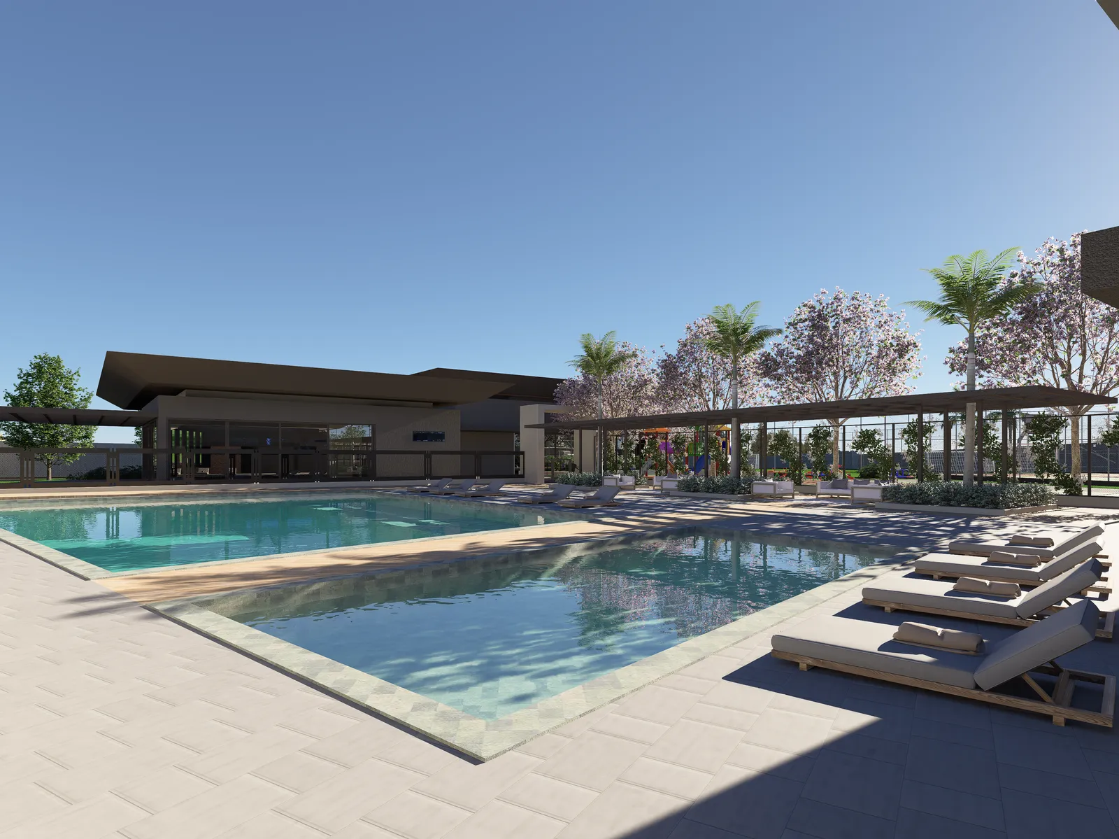 Piscina adulta e infantil do Ouro Branco Residence com deck e espreguiçadeiras